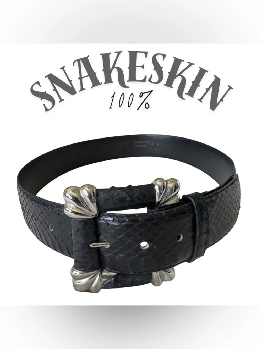 Vintage Women's Dame 100% Genuine‎ Black Snakeskin Belt Silver Shell Buckle